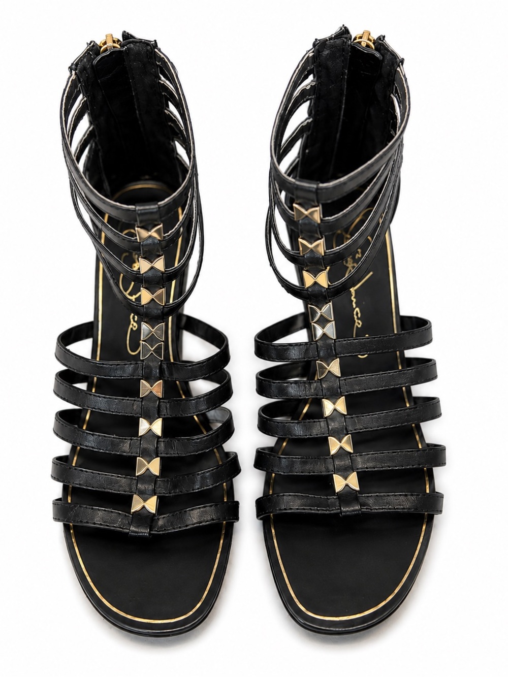 Report Signature Meliza Black Gladiator Wedge Sandals Gold Studs Size 8